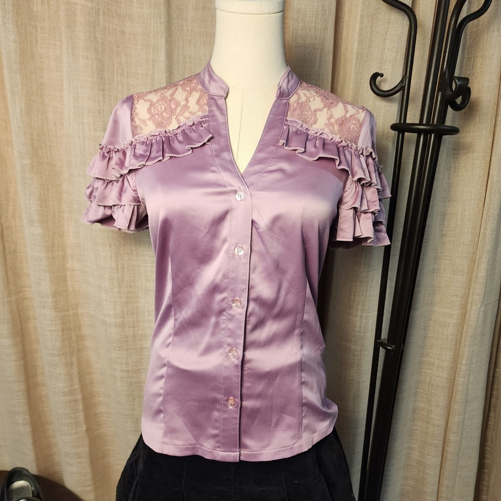 Adriana Satin Blouse M Dusty Mauve Lace Ruffle Sleeve Romantic Y2K Top Coquette